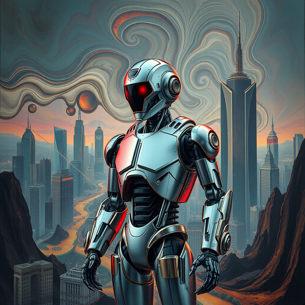 Cyberpunk Robot in Melting Dystopian Cityscape