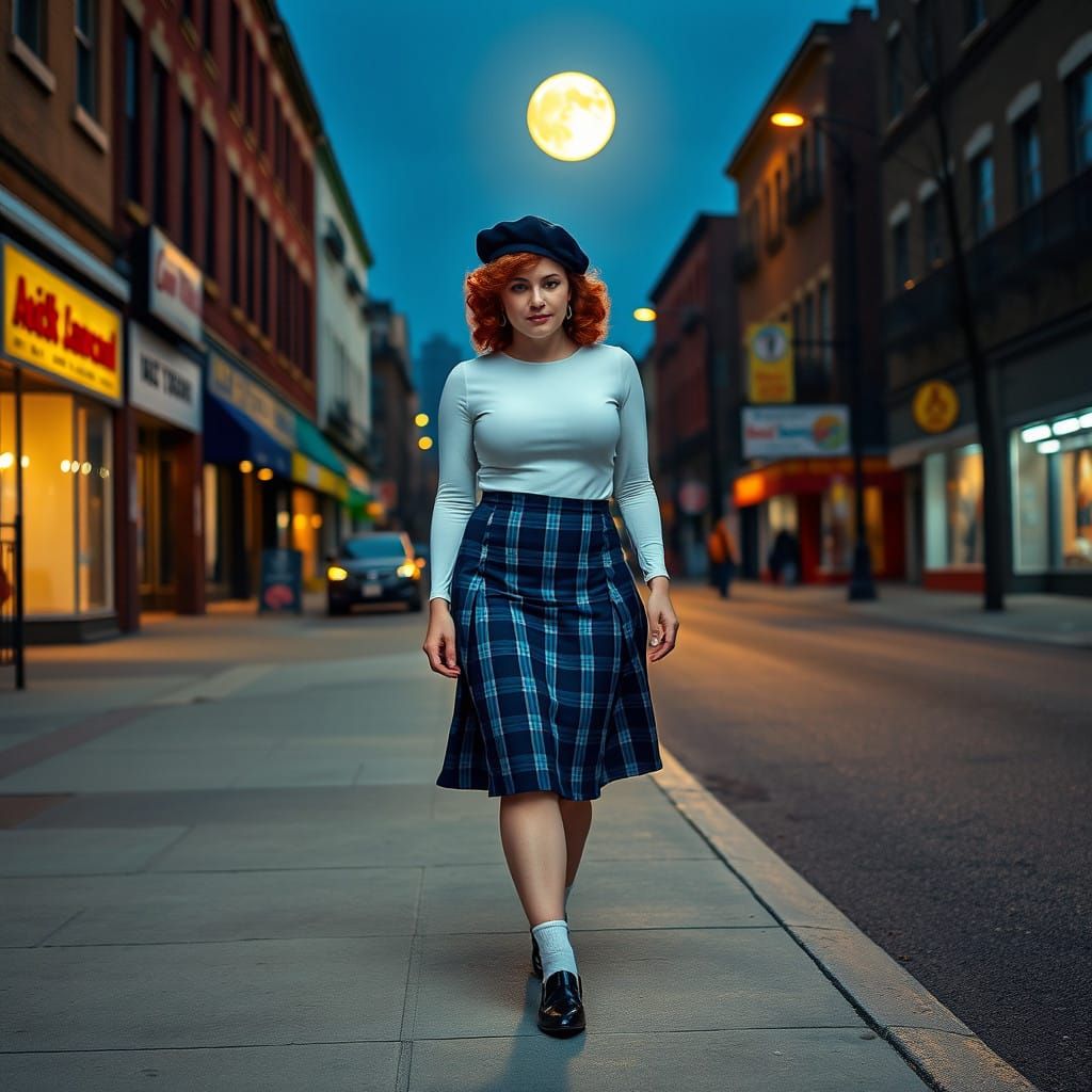 Curvy Woman Strolls Under Full Moonlight in Vintage Chic Sty...