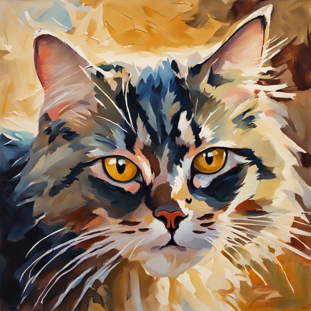 Impressionist Gouache Cat in Beige and Creme