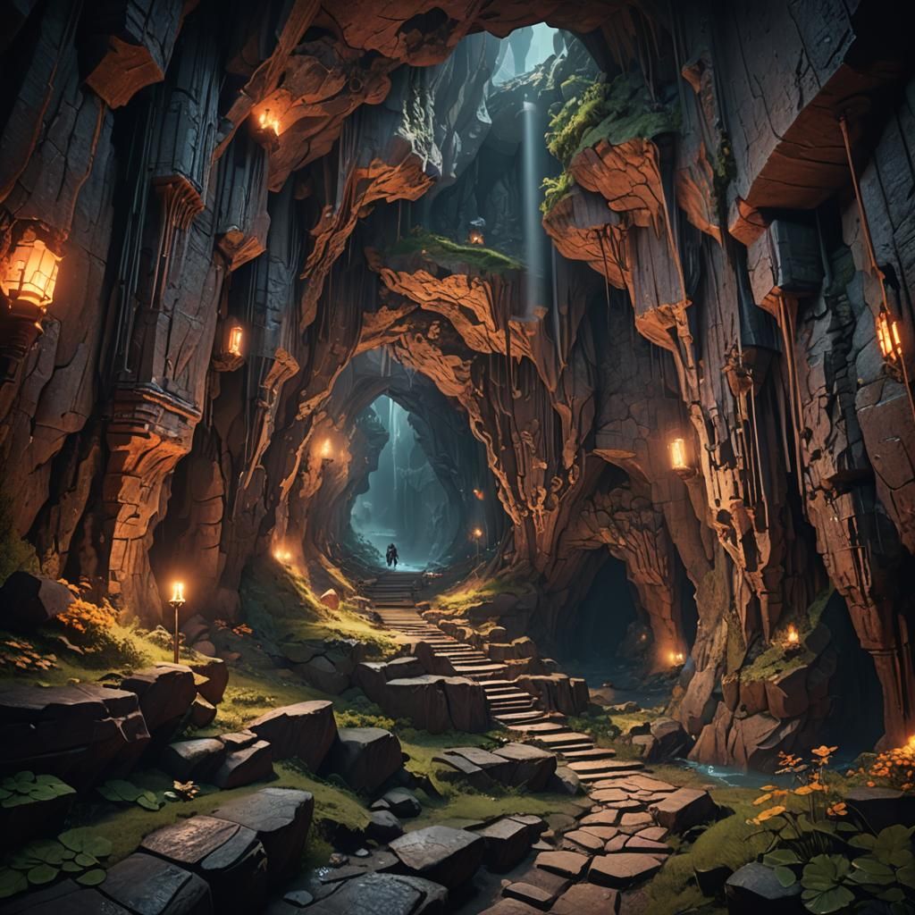 Fantastical Underground Cavern Path, Detailed Matte Painting