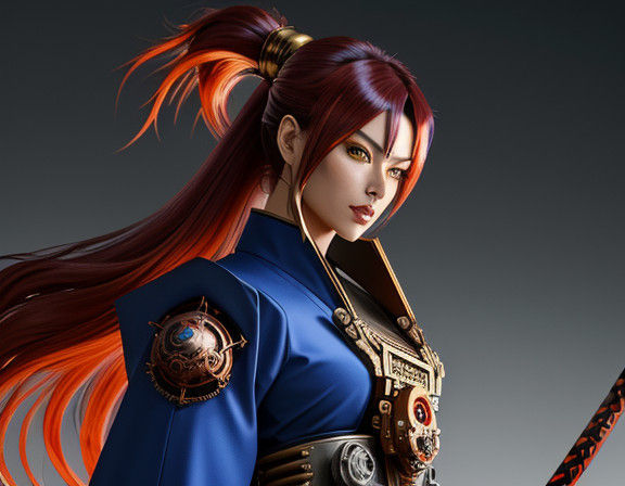 Steampunk Neko Robot Samurai in Vibrant Action