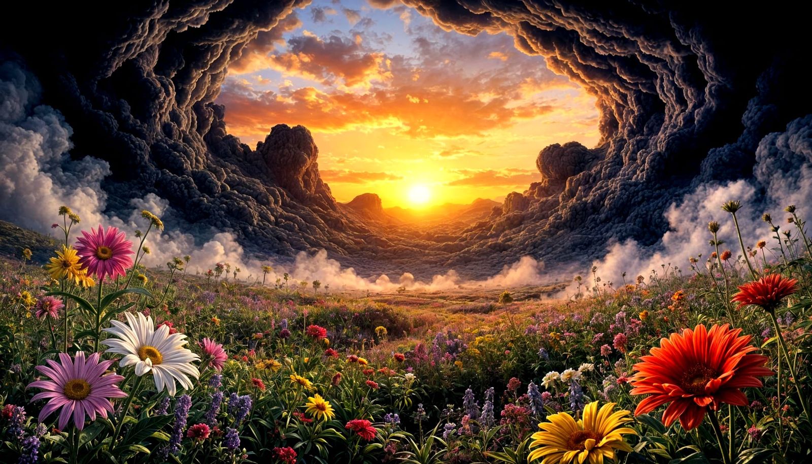 Hallucinogenic Landscape with Swirling Clouds and Melting Fl...