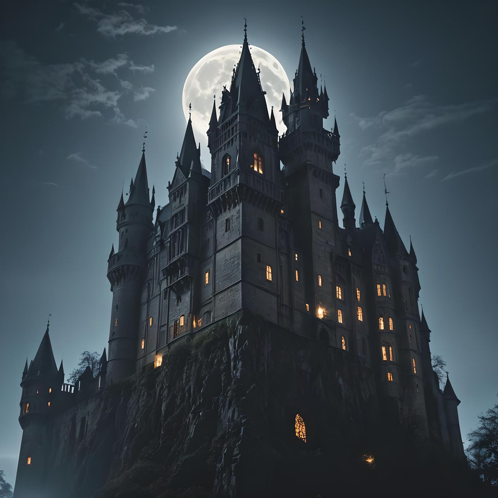 Gothic Castle at Night Under Full Moon