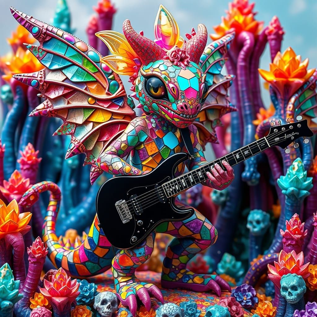 Mad Mosaic Kaiju  Monster whimsical rainbow winged mosaic musical monster    hybrid creature mosaic  skin, dressed patch...