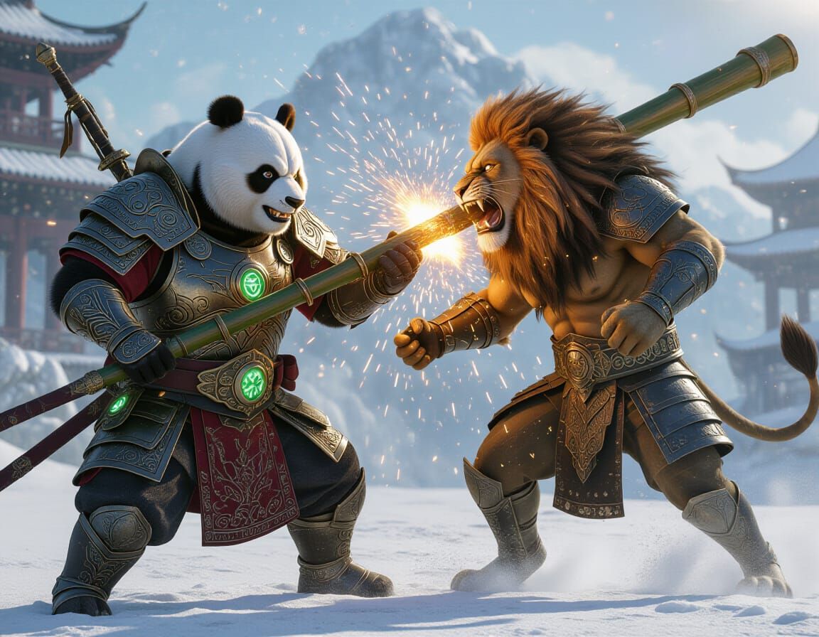 Epic Panda Warrior vs Lion in Battle