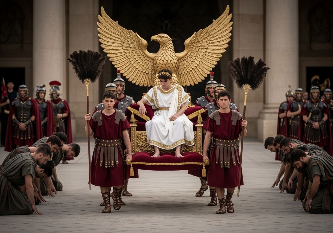 Young Emperor on Eagle Throne, Roman Soldiers and Servants