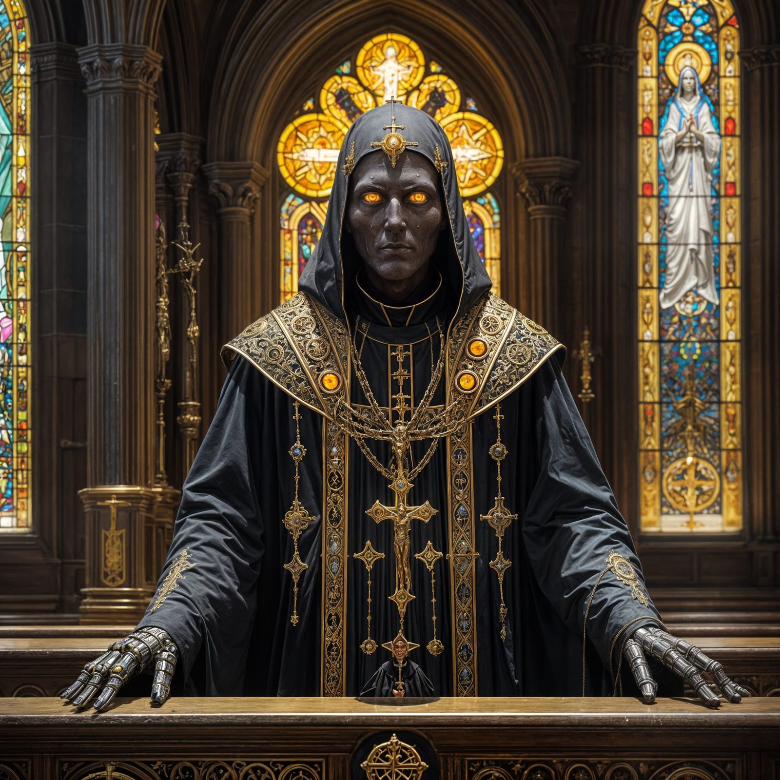 Biomechanical Bishop in Ornate Church Interior
