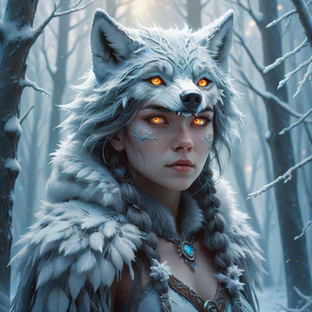 Wolf Woman in Snowy Forest, Digital Art