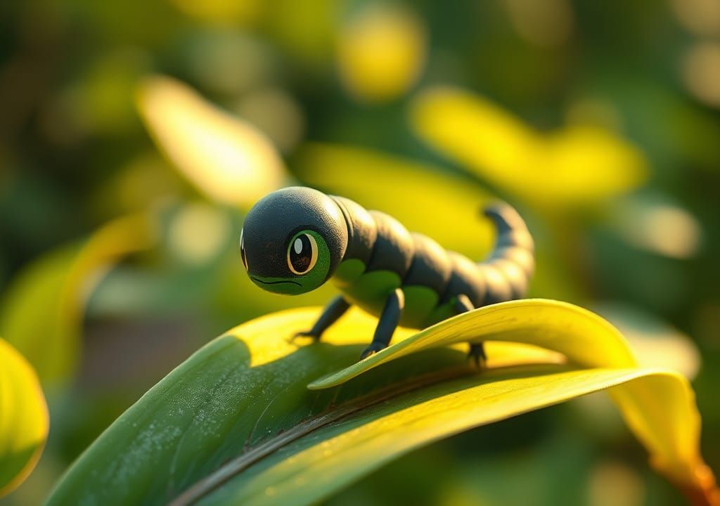 Adorable Larva Pokémon on Leaf, 3D Cell-Shaded Style
