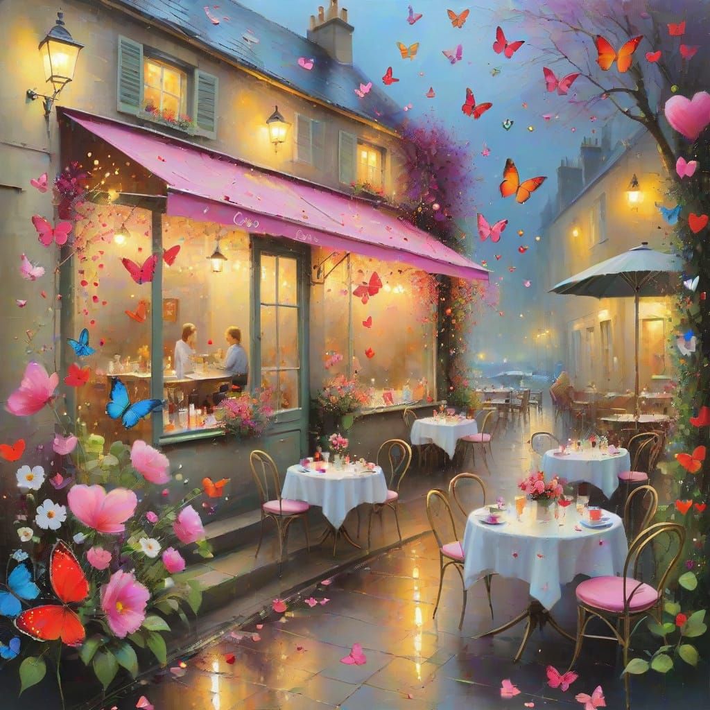 Romantic French Cafe Scene with Valentine's Decor