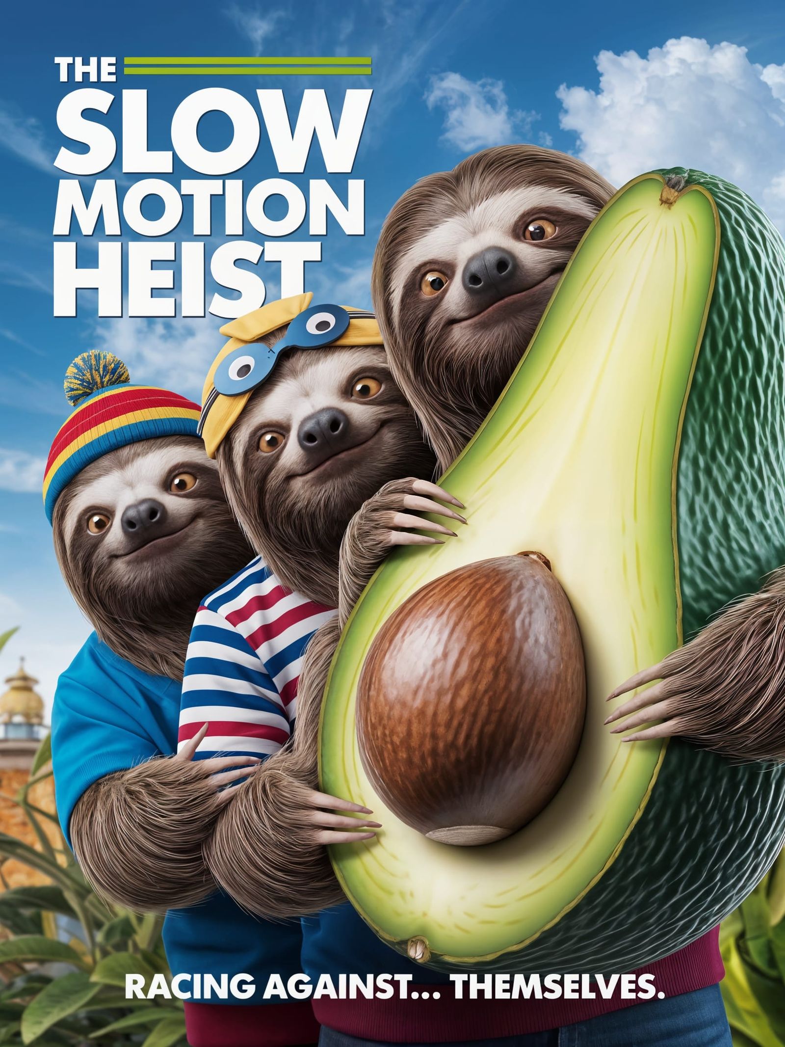 Sloth Heist Movie Poster with Giant Avocado