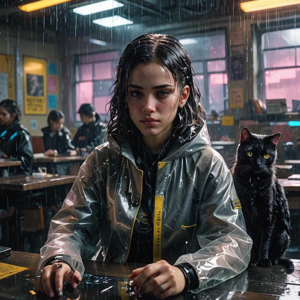 Girl with Raven in Cyberpunk Classroom
