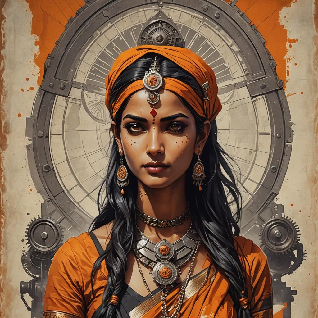 Cyberpunk India: Saffron Elegance in Retrofuturistic Style