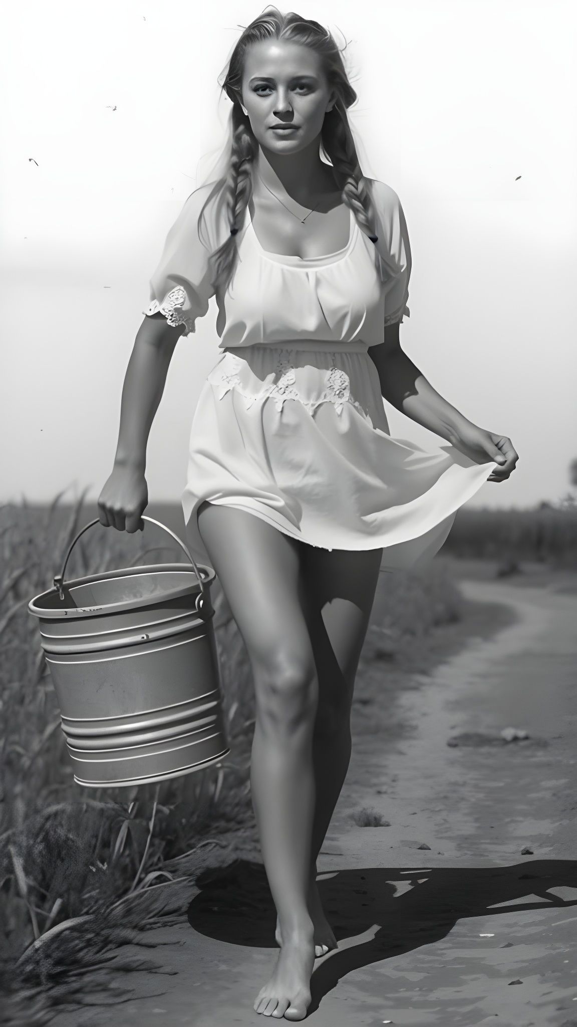 Vintage B&W Portrait of a Young Woman in a Field