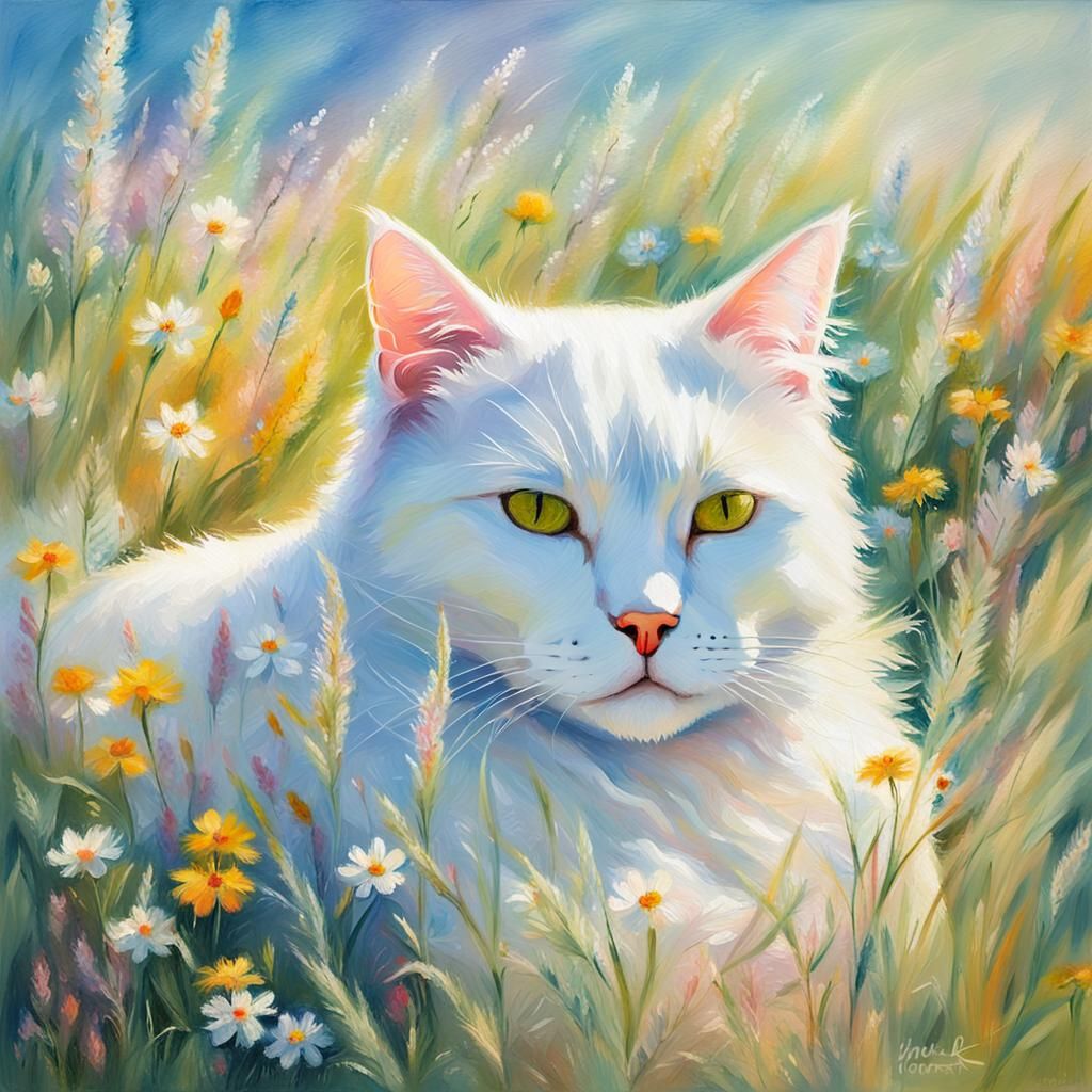 Cat Nap in Impressionist Flower Meadow