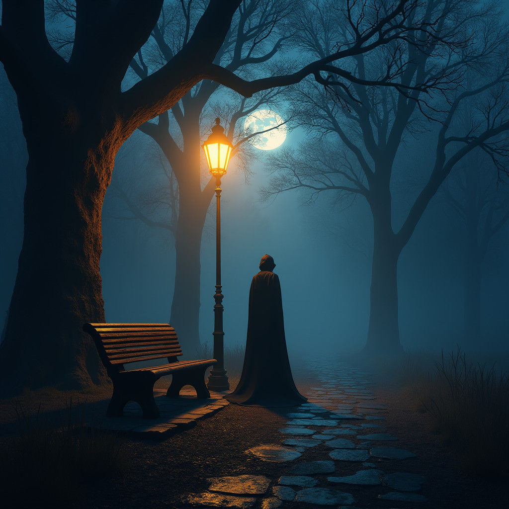 Mysterious Figure in Misty Park: Matte Painting