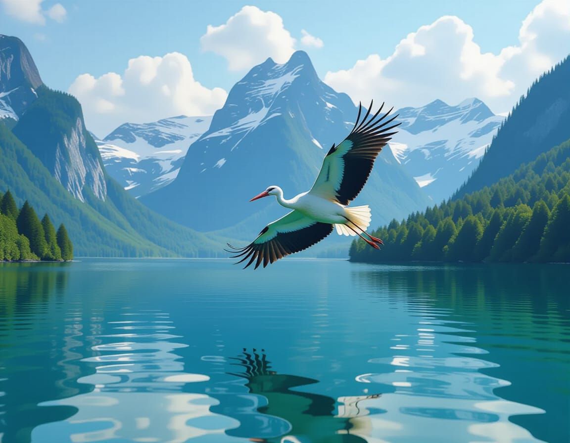 Stork's Elegant Flight Over Serene Lake
