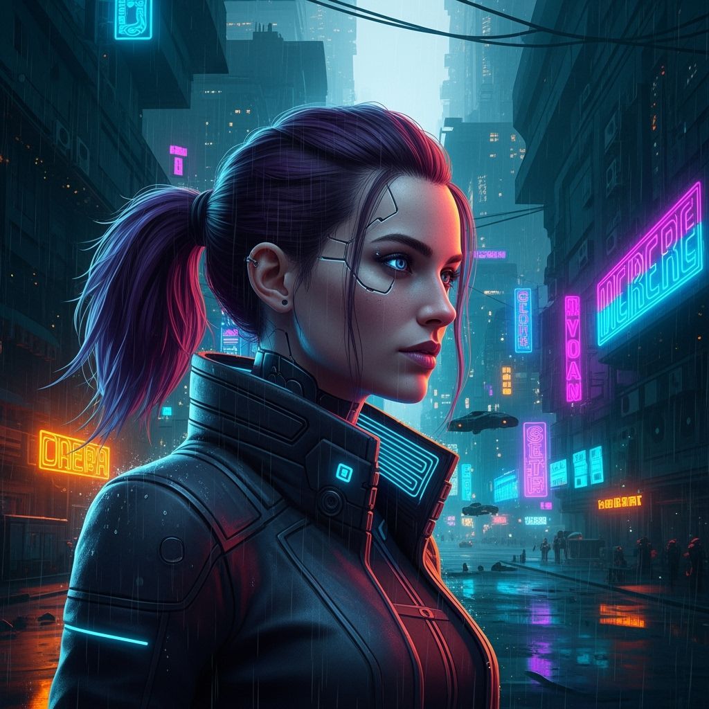 Cyberpunk Woman with Purple Hair in Rainy Cityscape