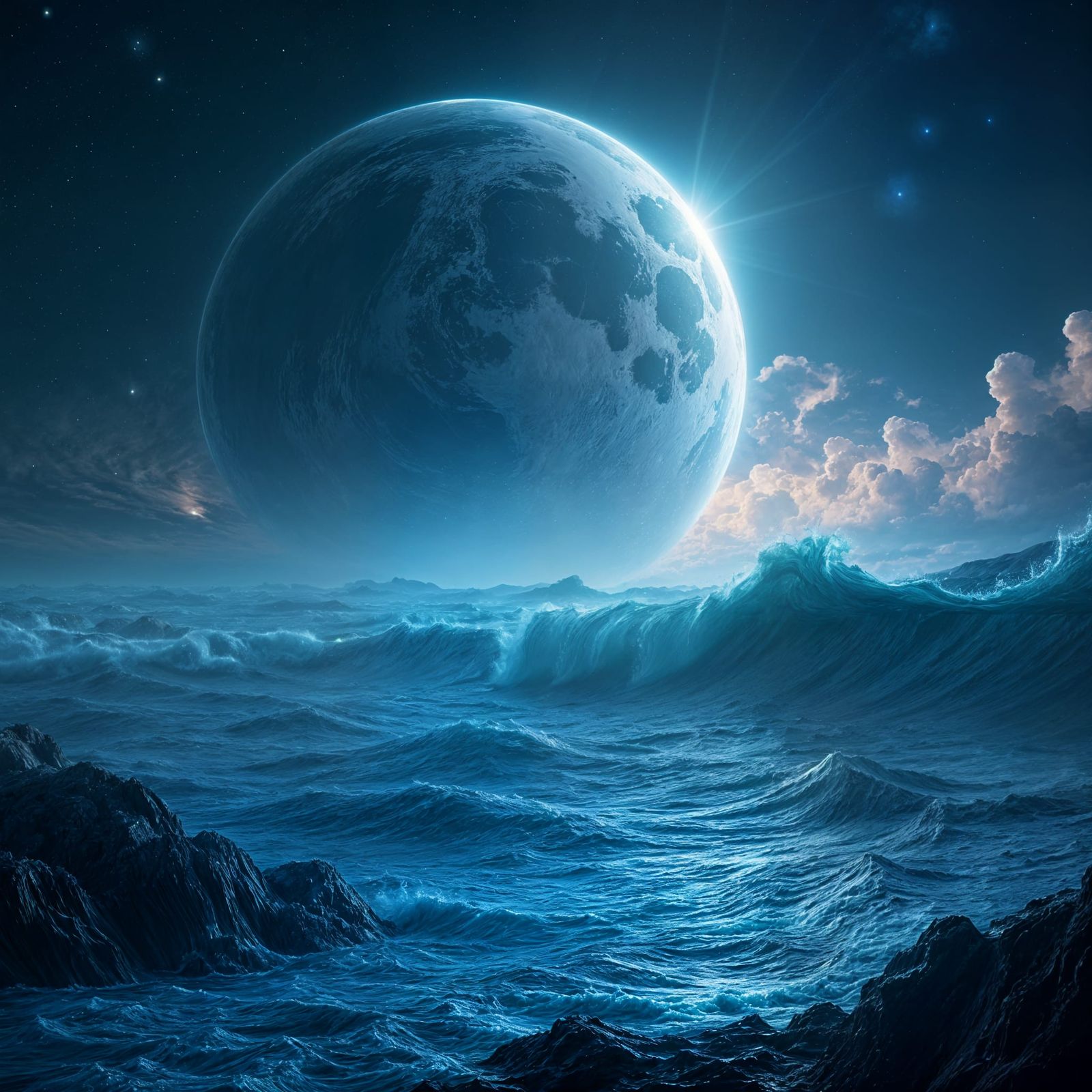 Cosmic Ocean Landscape with Giant Planet and Bioluminescent ...