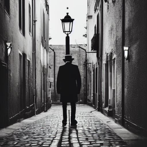 Moody Noir Scene of Solitary Figure on Cobblestone Street
