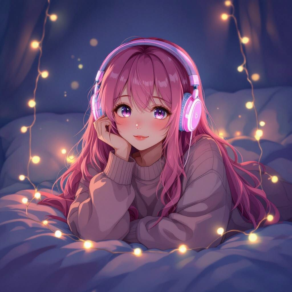 Anime Girl in Dreamy Bedroom with Fairy Lights