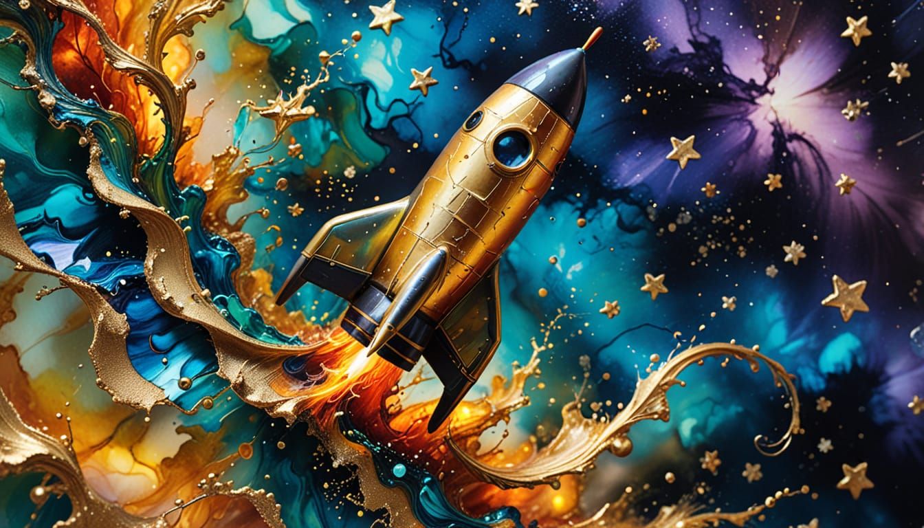 Surreal Rocket Launch in Mixed Media Style