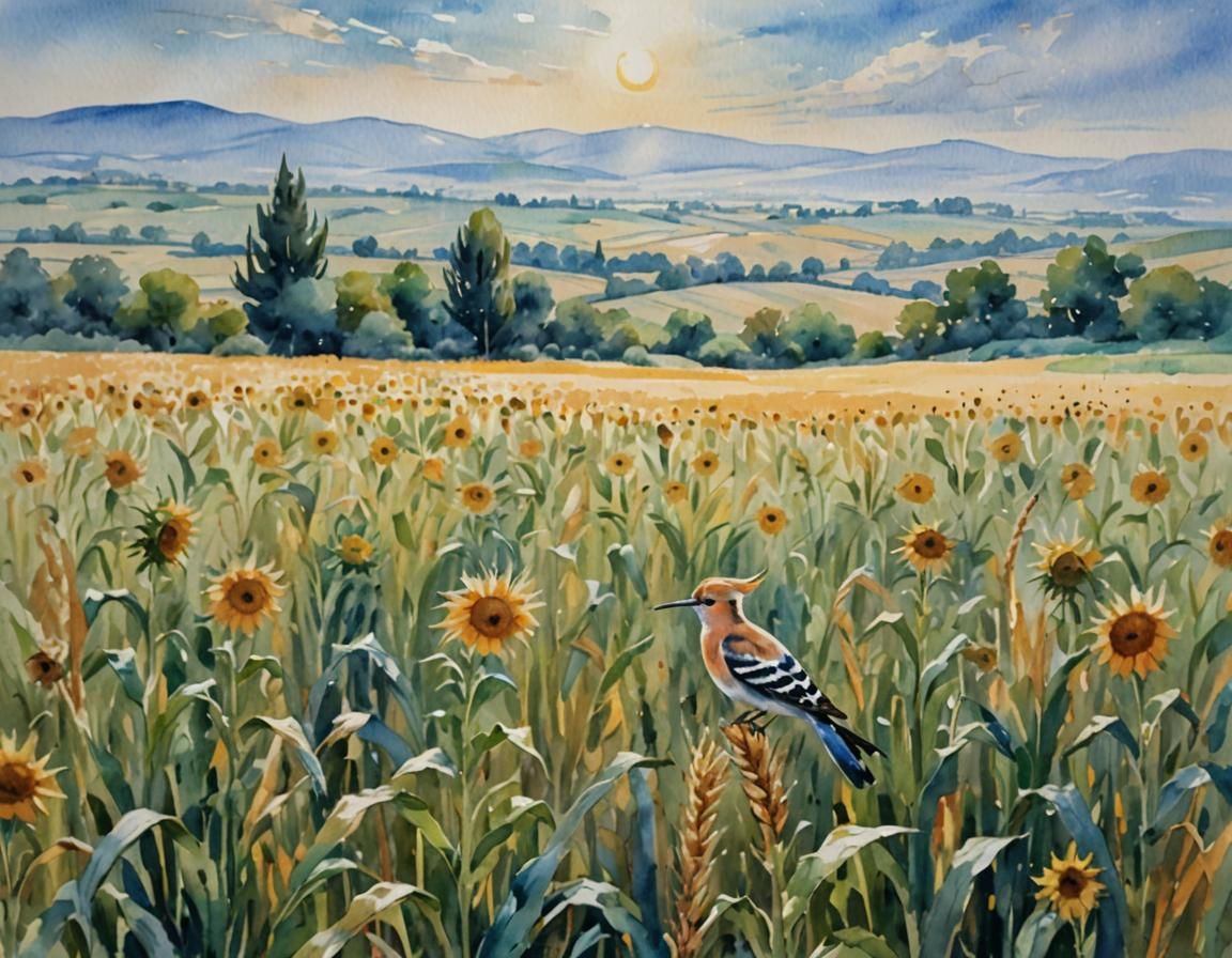 Hoopoe in Wheat Field: Impressionist Watercolor