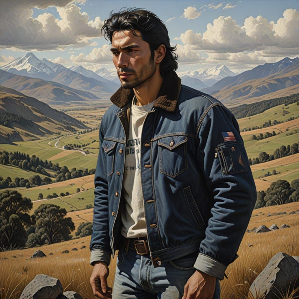 Mapuche Man in Modern Attire Amidst Chilean Andes Landscape