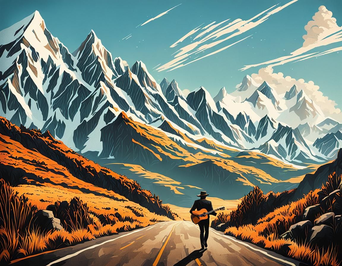 Man with Guitar Walks Mountain Road
