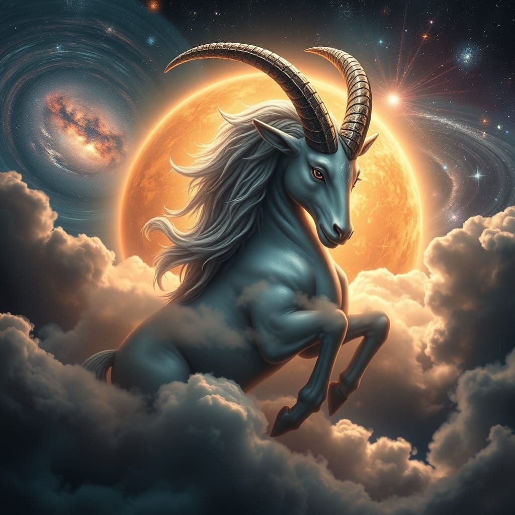 Mythical Capricorn Portrait Amidst Cosmic Galaxies