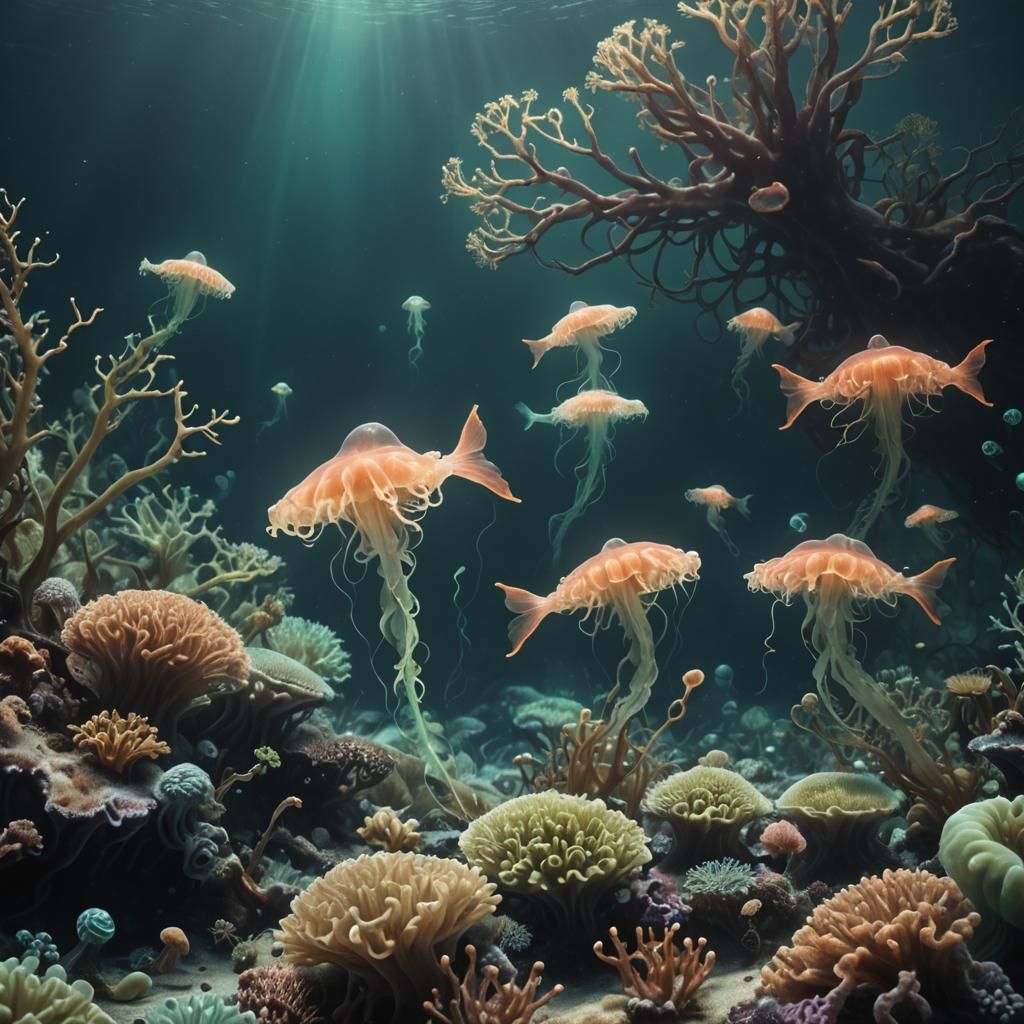 Bioluminescent Siphonophore in Dark Ocean Depths