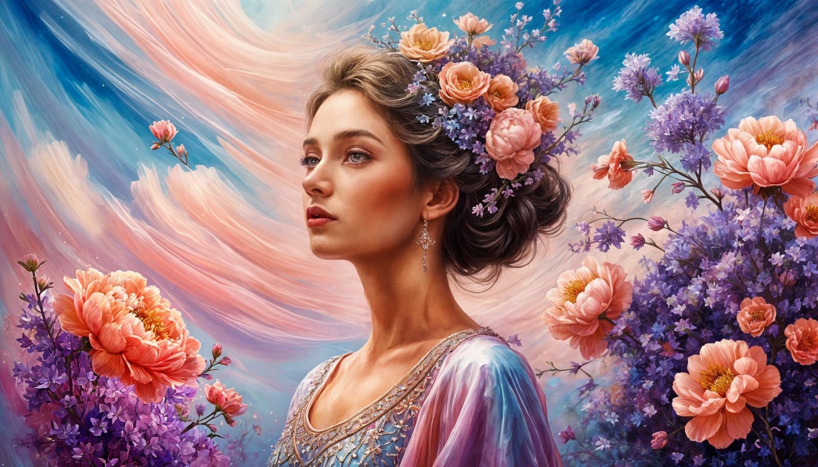 Elegant Lady with Flowers as Oil Painting
