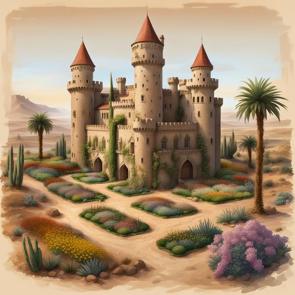 Medieval Desert Castle with Lush Gardens