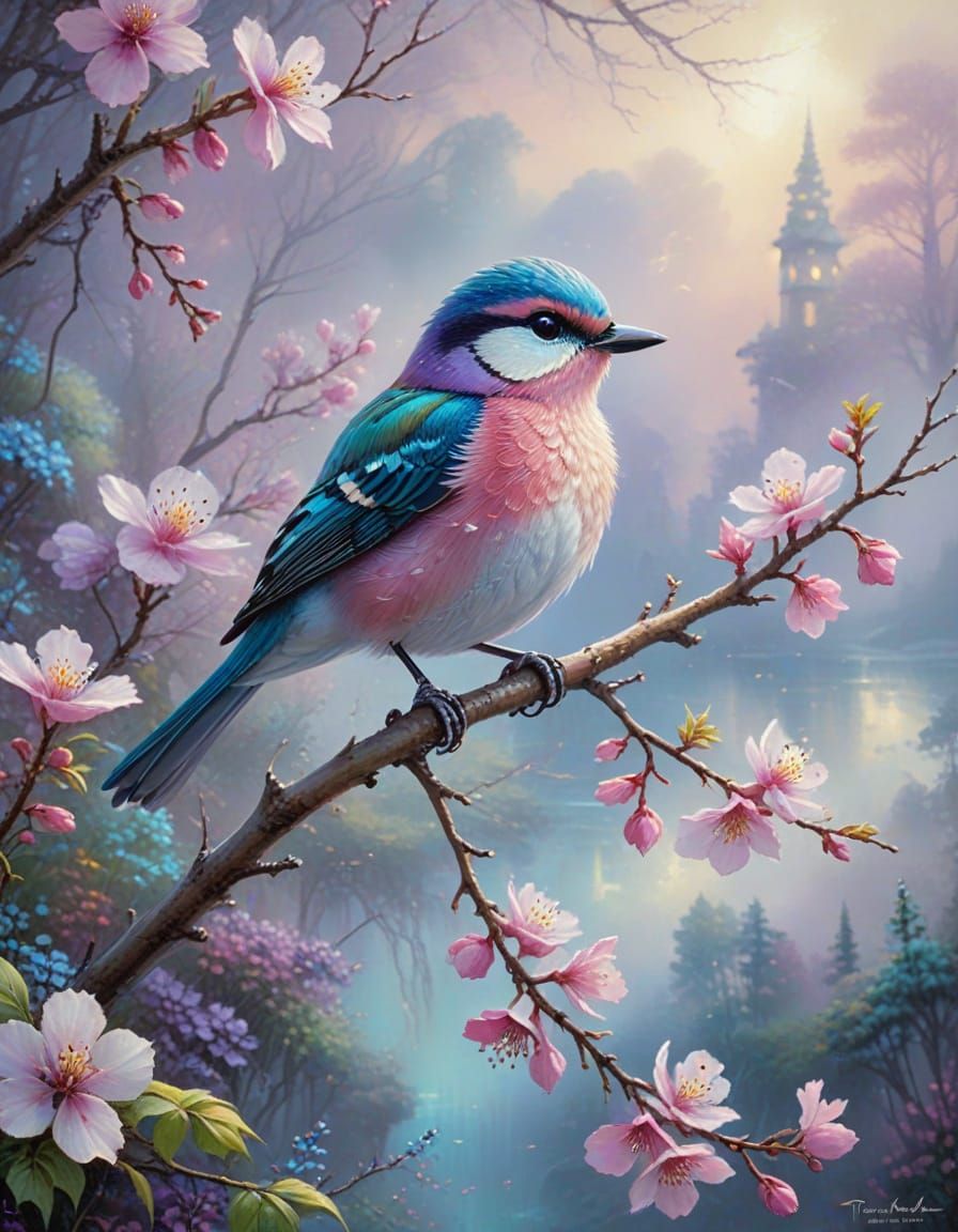 Colorful Bird on Branch with Pink Blossoms, Oil Painting