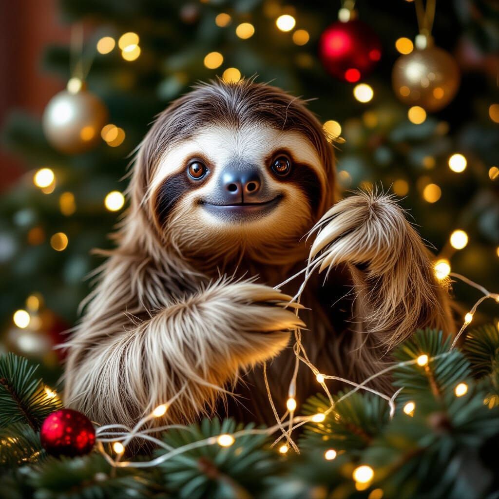 Cute Sloth Detangles Christmas Garland in Cozy Scene