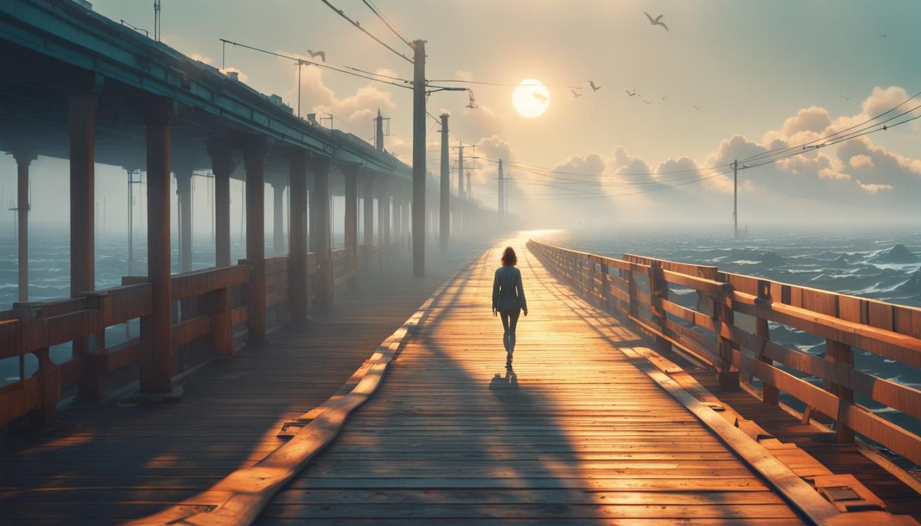 Misty Pier Seascape in Hyperrealistic Digital Art