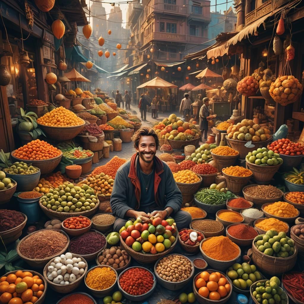 Ornate Fantasy Marketplace Scene in Art Deco Style