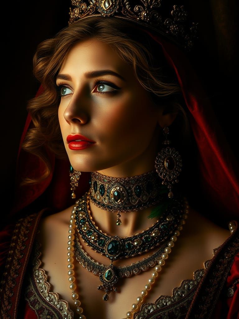 Regal Woman in Opulent Jewels, Chiaroscuro Oil Painting