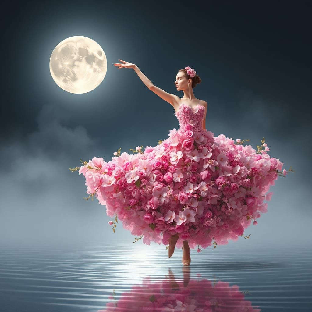 Ethereal Dancer in Pink Floral Gown Under Moonlight