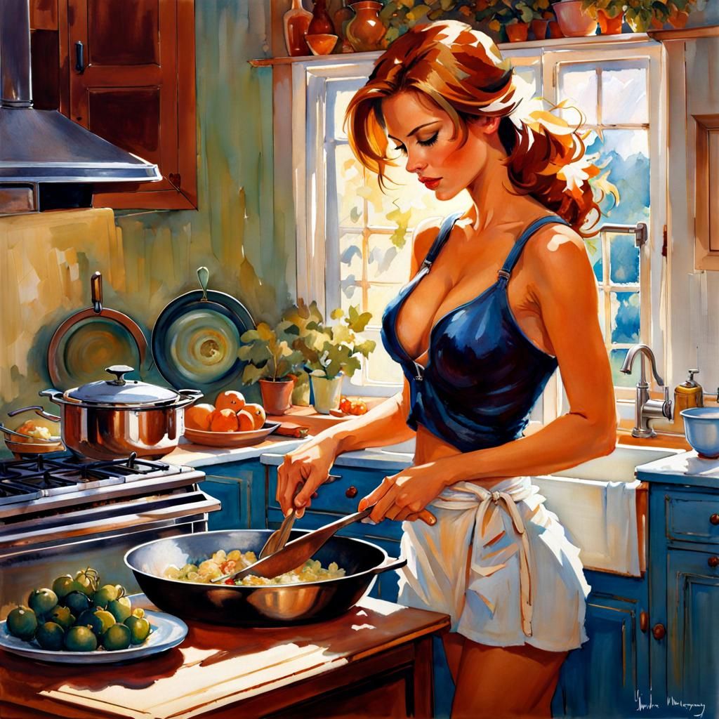 Hazel-Haired Woman Preparing Meal: Splash Art Portrait