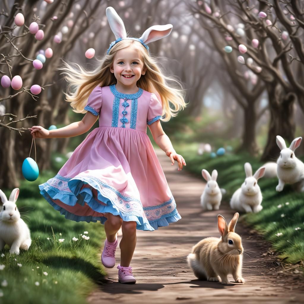 Adorable Girl's Easter Egg Hunt in Hyperrealistic Style