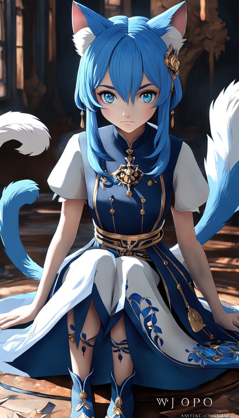 Ethereal Anime Girl with Vibrant Blue Hair and Cat Ears