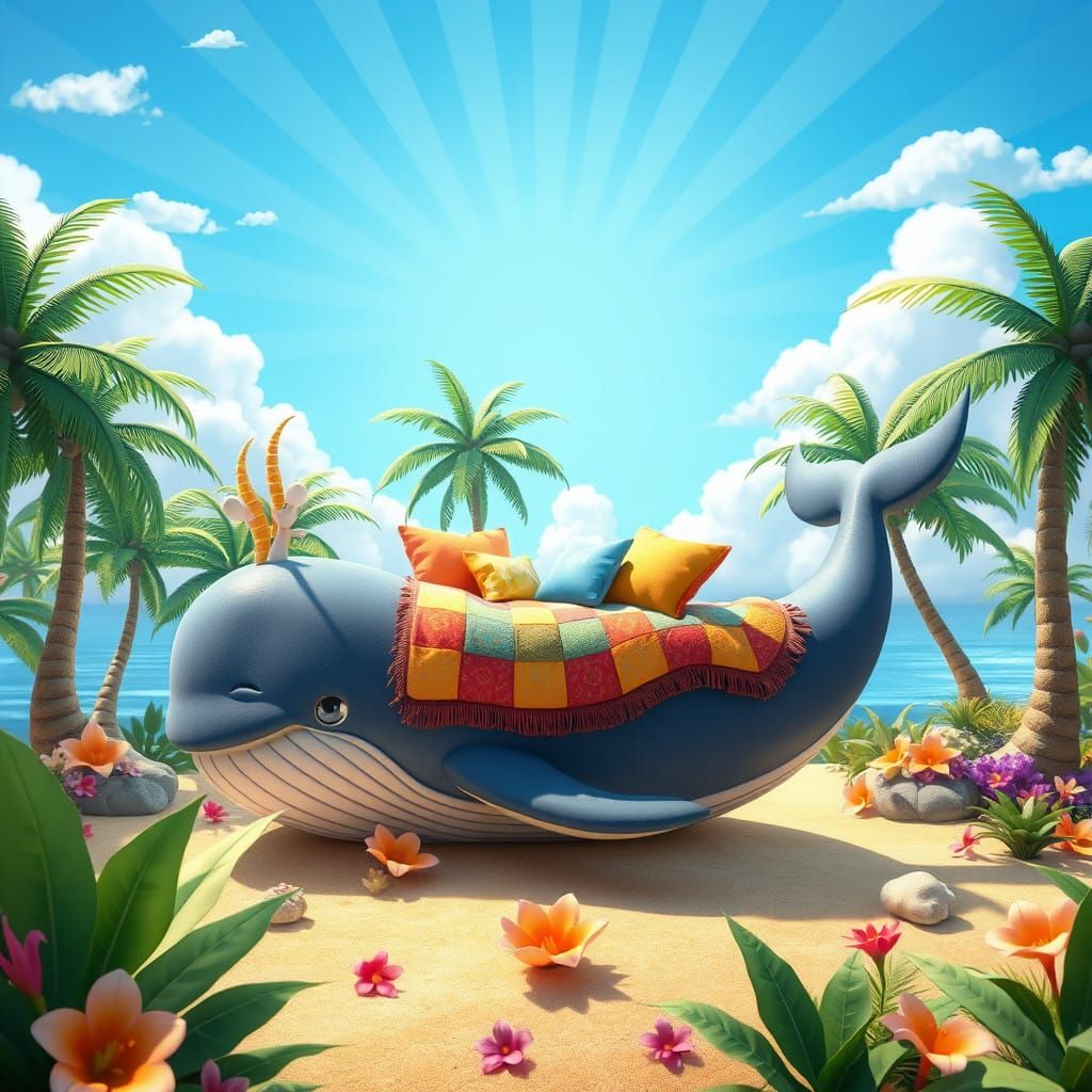 Vibrant Lush Island Scene with Majestic Whale Bed in Fantasy...