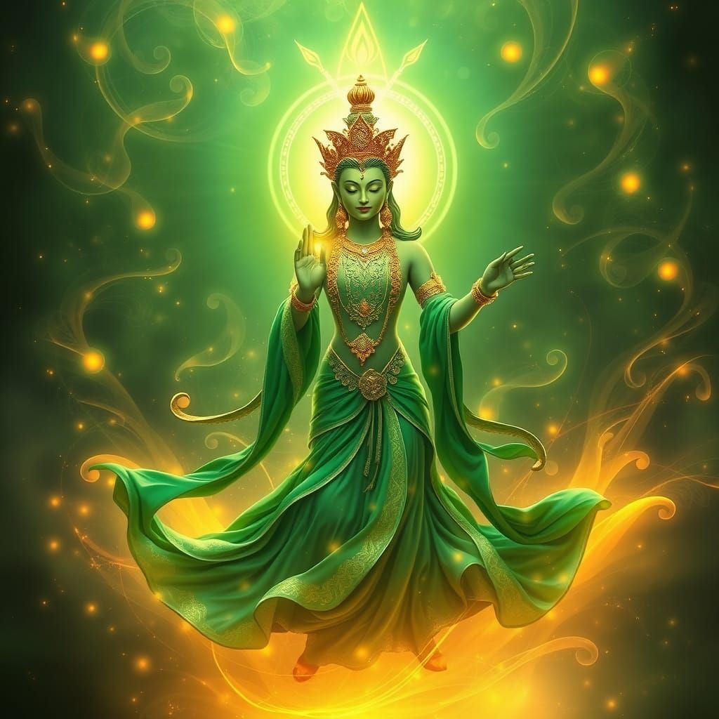 Divine Green Tara Dances in Ethereal Serenity