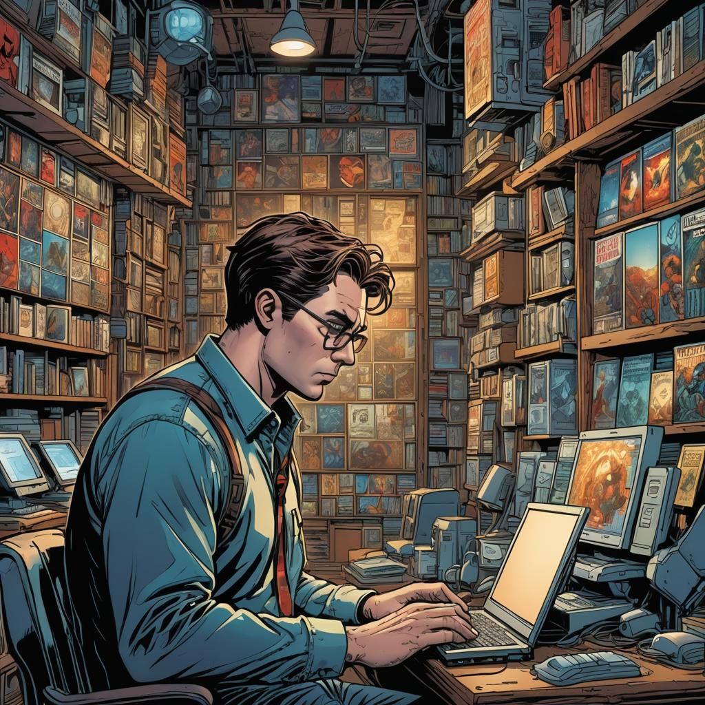 Person Browsing Website in Comic Book Art Style
