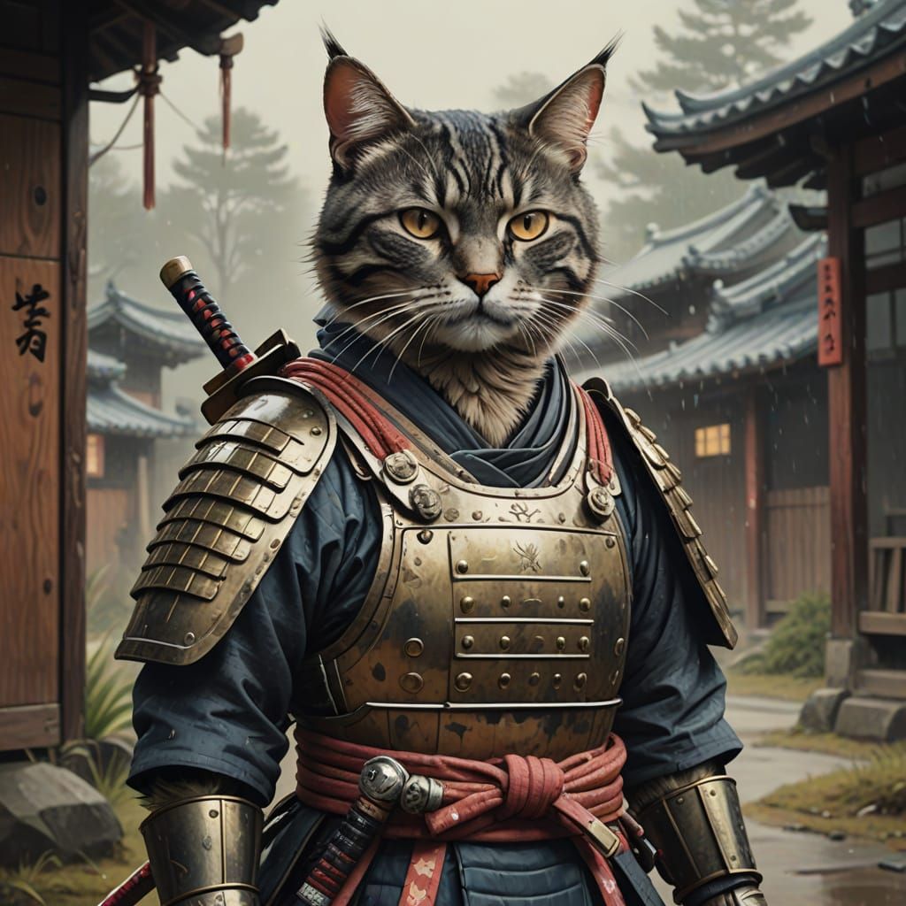Cat Samurai in Japanese Illustration Style