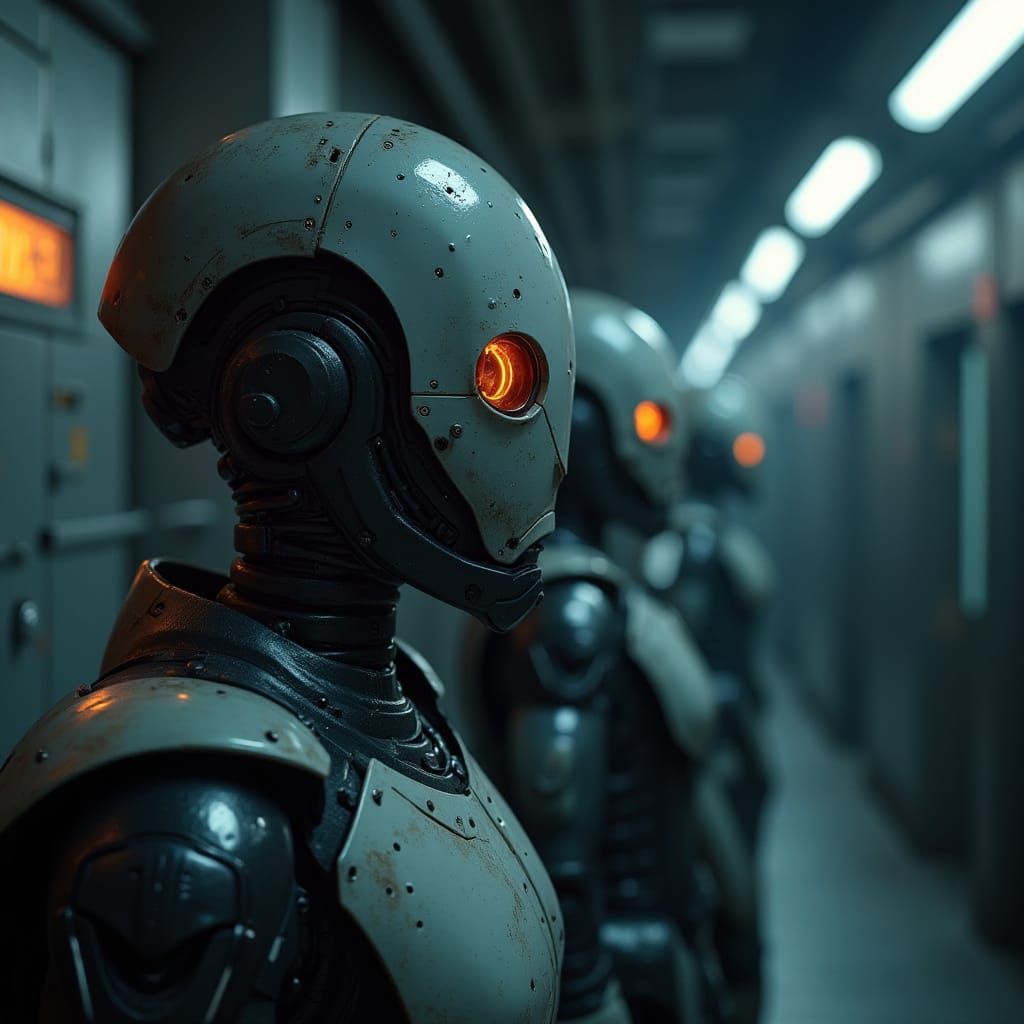 Futuristic Humanoid Combat Robots in Dimly Lit Hall