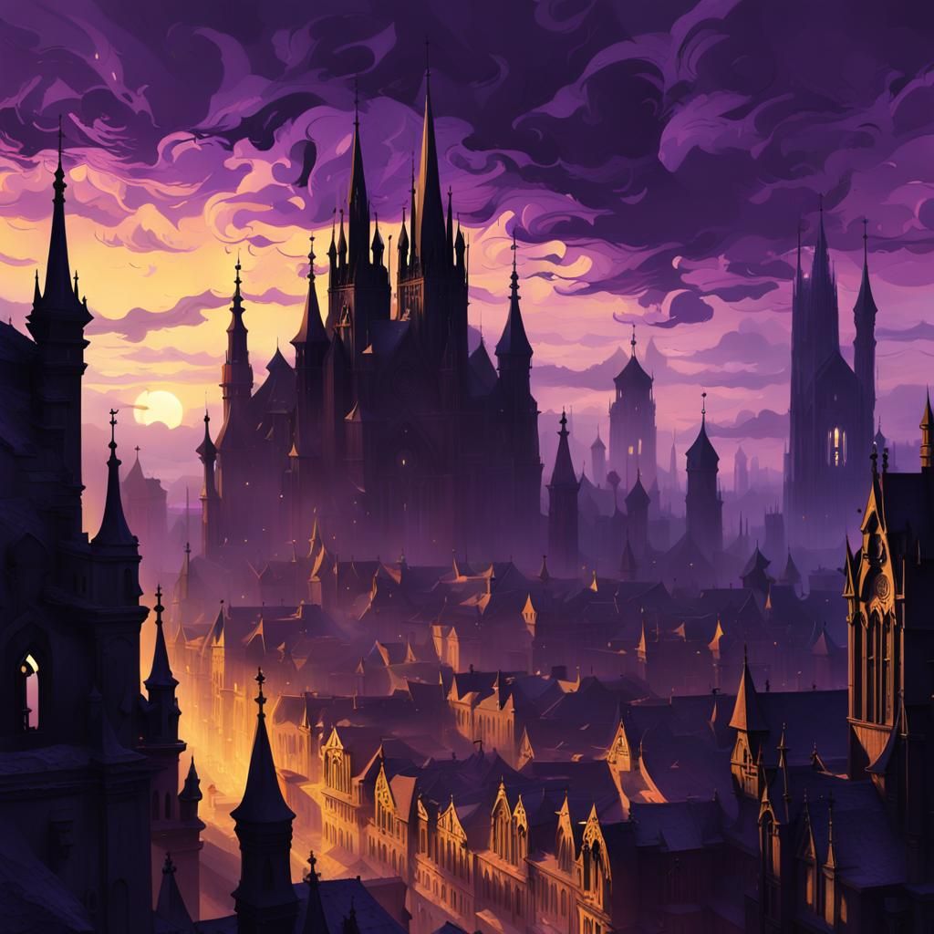 Gothic Cityscape at Dusk: Dark Fantasy Concept Art