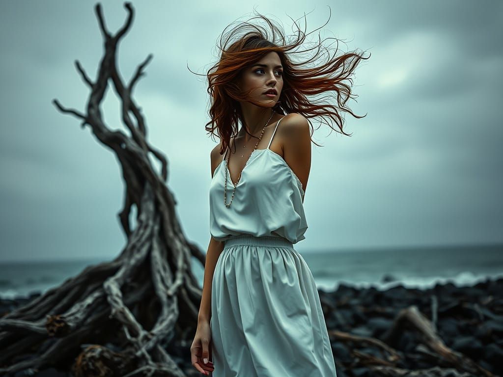 Forlorn Woman Contemplates Driftwood Sculpture in White Silk...