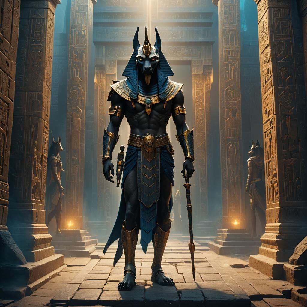 Anubis Human Form at Ancient Temple Gate